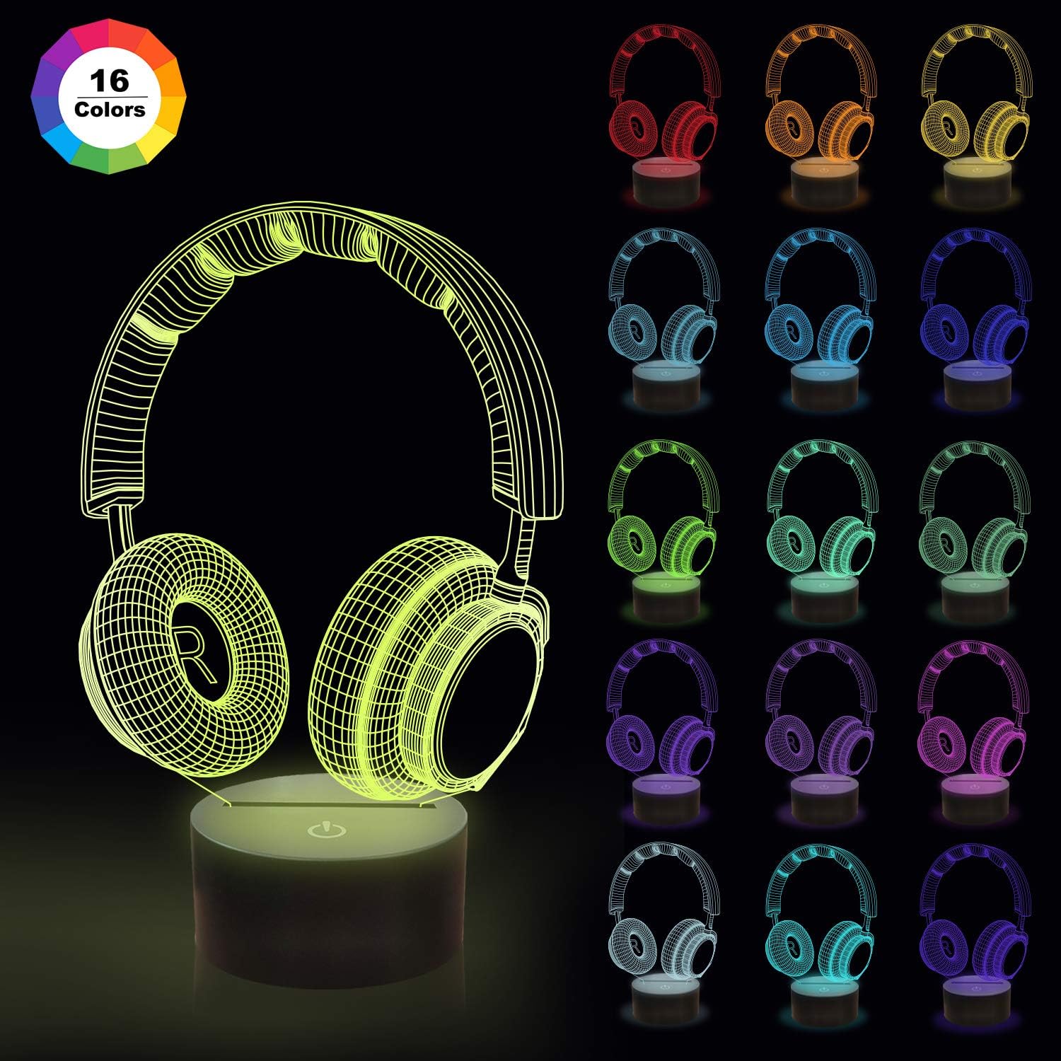 CooPark Headset Creative 3D Night Light, 16 Color Changing with Remote Control USB Power - Image 4