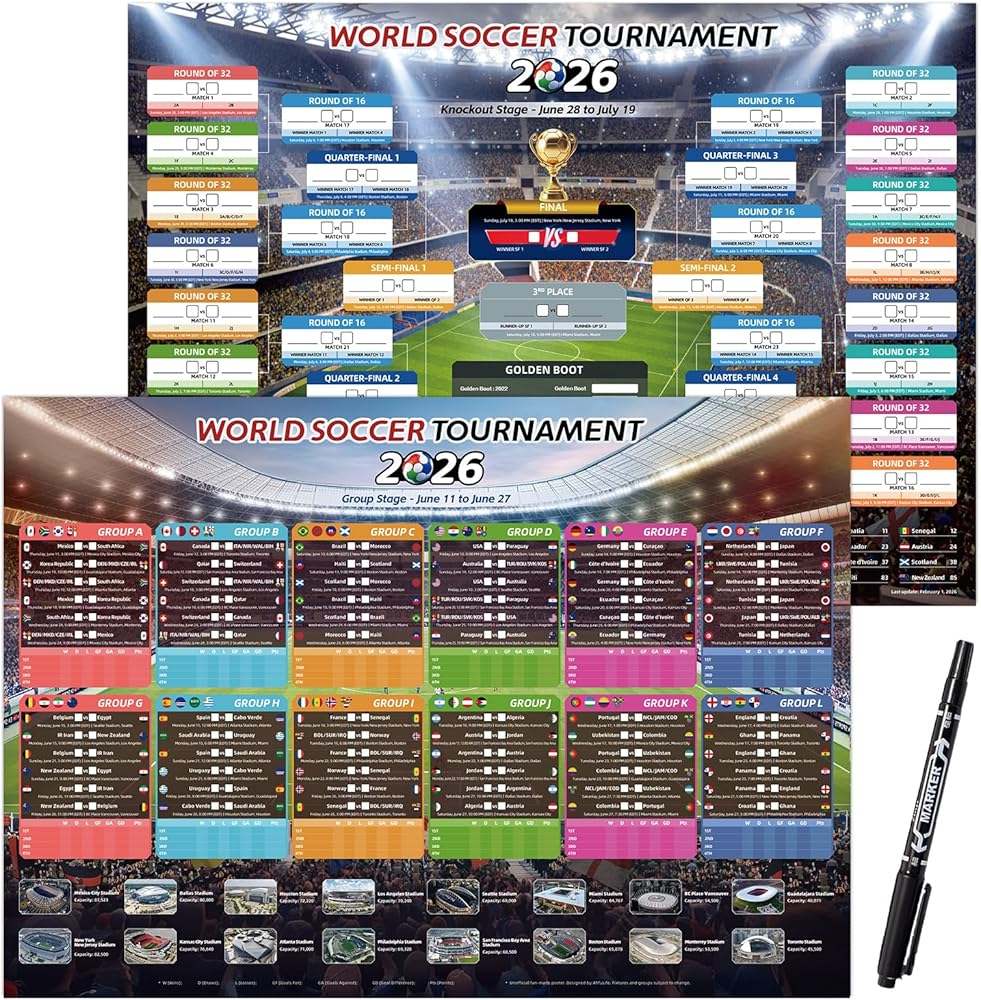 AhfuLife World Cup Schedule Poster 2026, A2 Size-23.3" x 16.5", 2 Pcs World Cup Merchandise 2026 Calendar Wall Chart Decorati