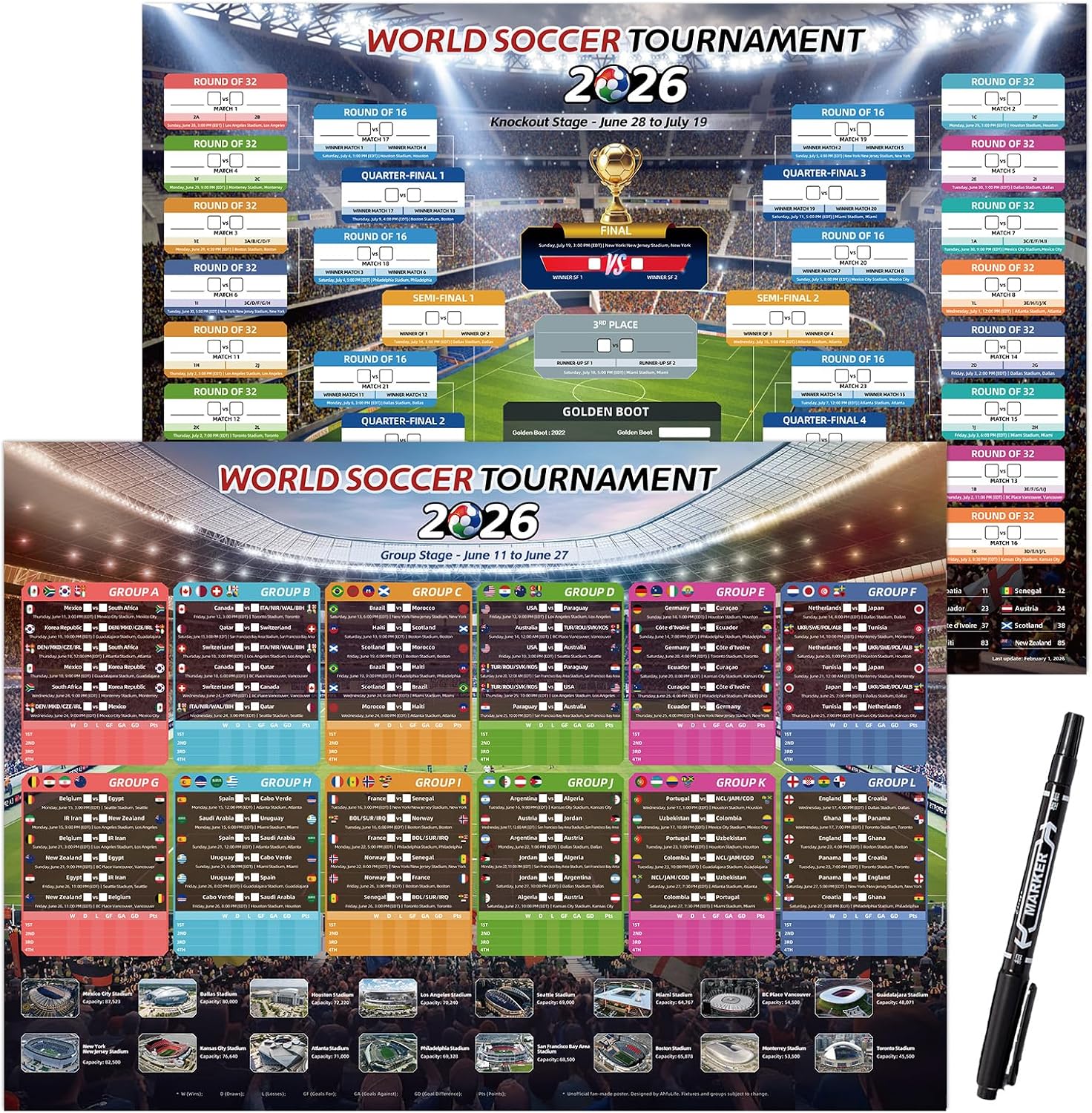 AhfuLife Soccer Schedule Poster 2026, A2 Size-23.3" x 16.5", 2 Pcs Match 2026 Calendar Wall Chart Decorations, Soccer Tournament Wallchart for Fans Home Office Bar Party Decor