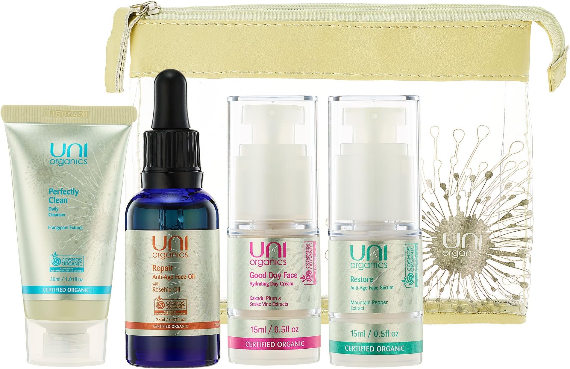 Certified Organic Skincare Set โ Facial Cleanser - Anti-Aging Moisturizer Face Cream โ Collagen Boosting Serum โ Travel Size with Rosehip Face Oil 25 ml by UniOrganics