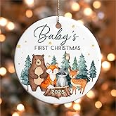 Baby's First Christmas Ornament 2025, Woodland Animals Baby 1st Christmas, New Baby Ceramic Ornament for Girls Boys, Newborn Baby Keepsake Ornaments Gifts, First Family Three Xmas Tree Decorations