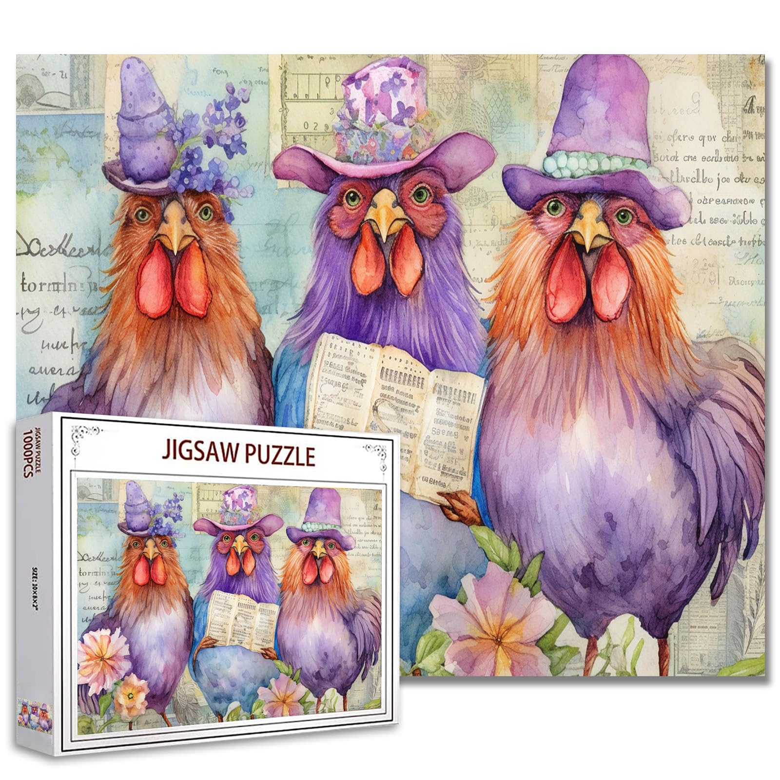 Tucocoo Cute Roosters Puzzle for Adults, 1000 Pieces, Funny Watercolor Chickens with Hats, Colorful Puzzle for Home Decoration, for Family Activity