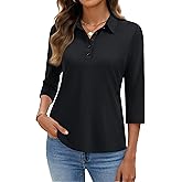 YUCOLEN Polo Shirts for Women 3/4 Sleeve Tops Golf Tees 5-Button Collared Cotton Shirt Business Casual
