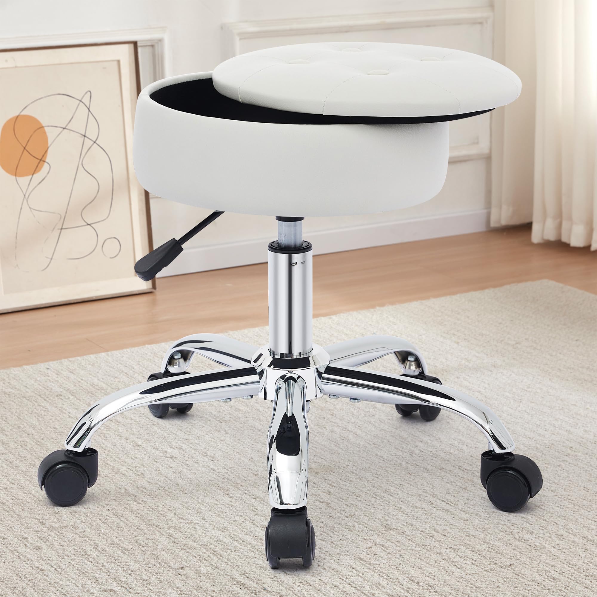 Photo 1 of Gitrah Vanity Chair with Wheels Adjustable Vanity Stool with Storage Swivel Vanity Stool for Vanity Rolling Makeup Chair White