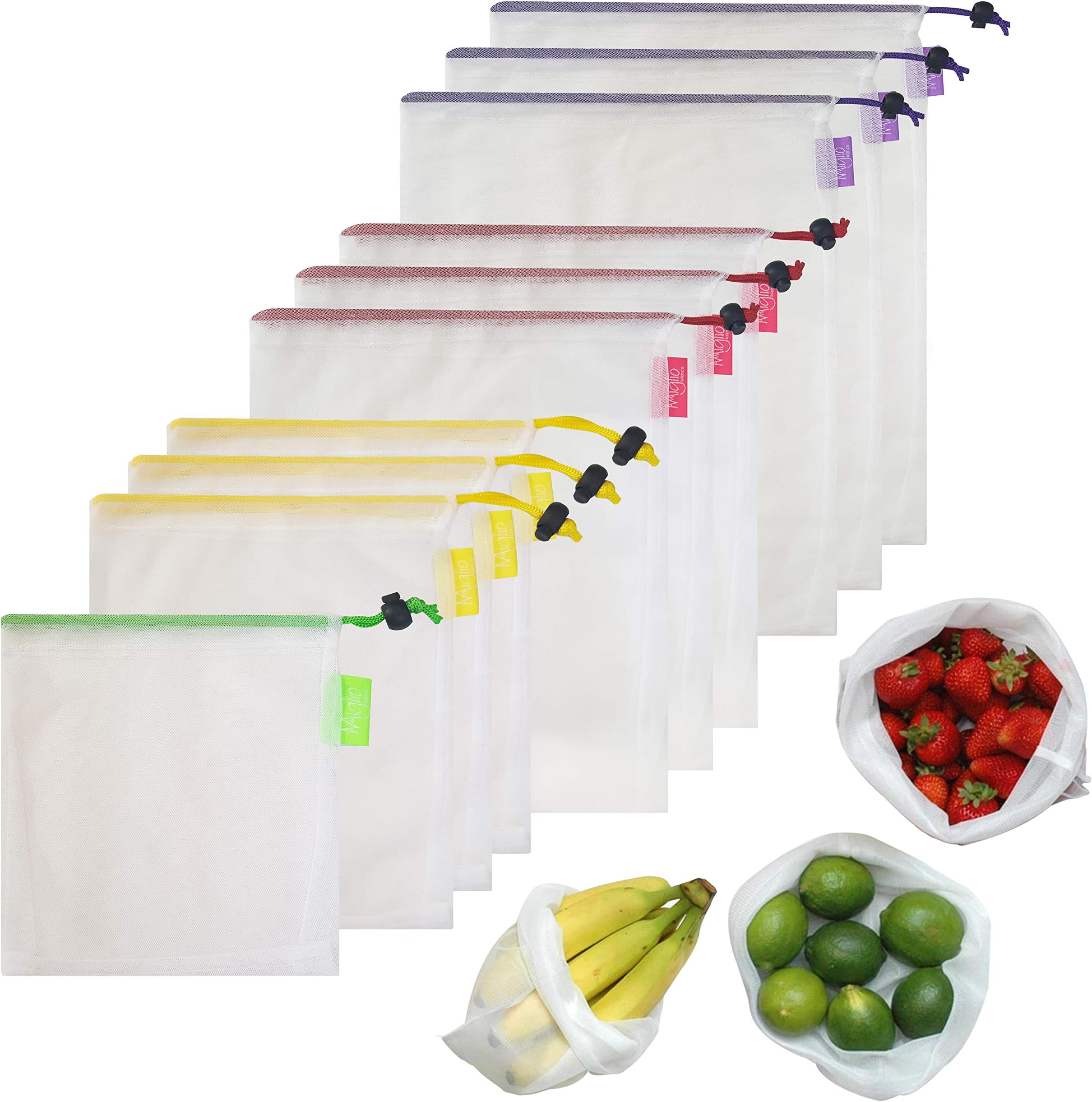 Reusable Produce mesh Bag, Set of 10 + Carrier Pouch, Comes in Carton Box, Great for Storage of Fruits, Vegetables and Toys. Washable, BPA - Free