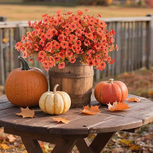 HANANONA 18 PCS ARTIFICIAL MUM FLOWERS FOR OUTDOORS, FAUX FALL MUMS SILK FLOWER FOR OUTSIDE, FAKE ORANGE FLOWERS FOR FALL PATIO FRONT DOOR PLANTER AUTUMN HALLOWEEN HOME DECORATIONS (18, ORANGE)