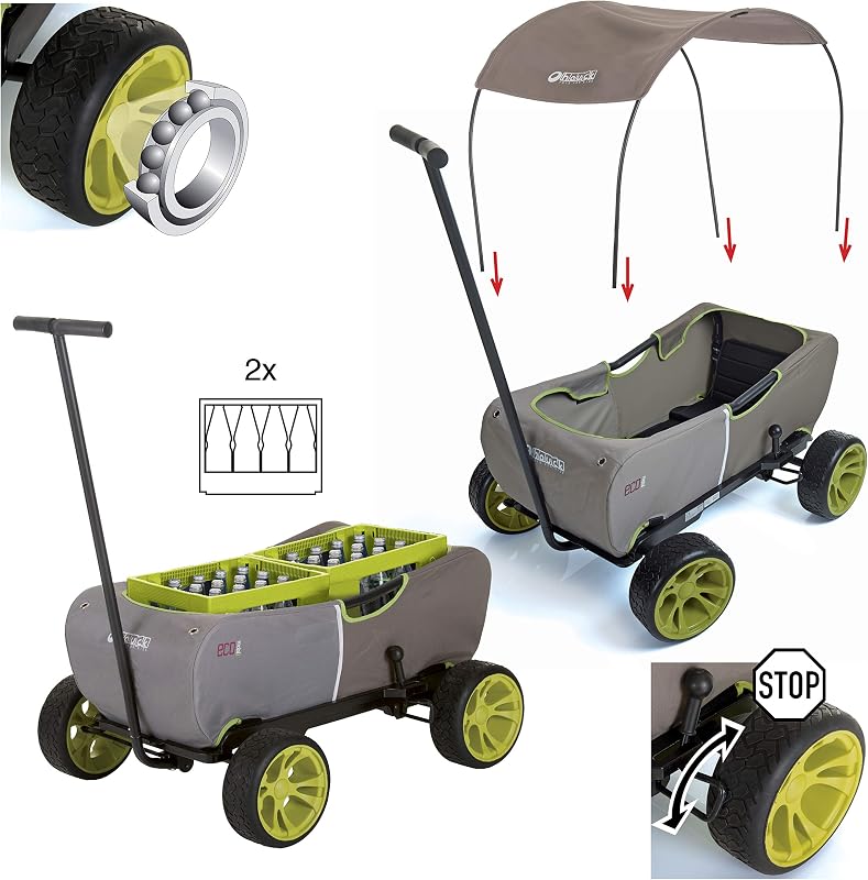 Eco Mobil Carro de Mano, apto para 2 Niños, Carro Transporte Plegable, Antivuelco, Toldo, Bollerwagen Niños, Asiento Acolchado, Freno, Carro Plegable, Carga Máxima 50 kg, Forrest Grayge
