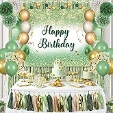 Green Gold Birthday Decorations for Women Girls, St Patricks Day Green Birthday Banner Fringe Curtain Balloons Tissue Paper Pompoms, Paper Tassel, Circle Garland Set for Girls Women Birthday Party 