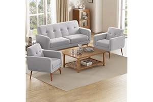 HUIMO Living Room Set, Button Tufted Living Room Furniture Sets, Upholstered Modern Couch Set with Solid Frame, Deep Seat Sofa Set for Living Room, Office (Light Grey, 3 Piece Set-1*loveseat+2*Chair)