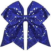 JOYRUBY Large 7 Inch Sequin Deep Blue Hair Bow Clips, Glitter Cheer Bow Hair Clip, Big Bows for Hair Clip Hair Accessories for Party Teens Girls Kids Women Cheerleading (Deep Blue)