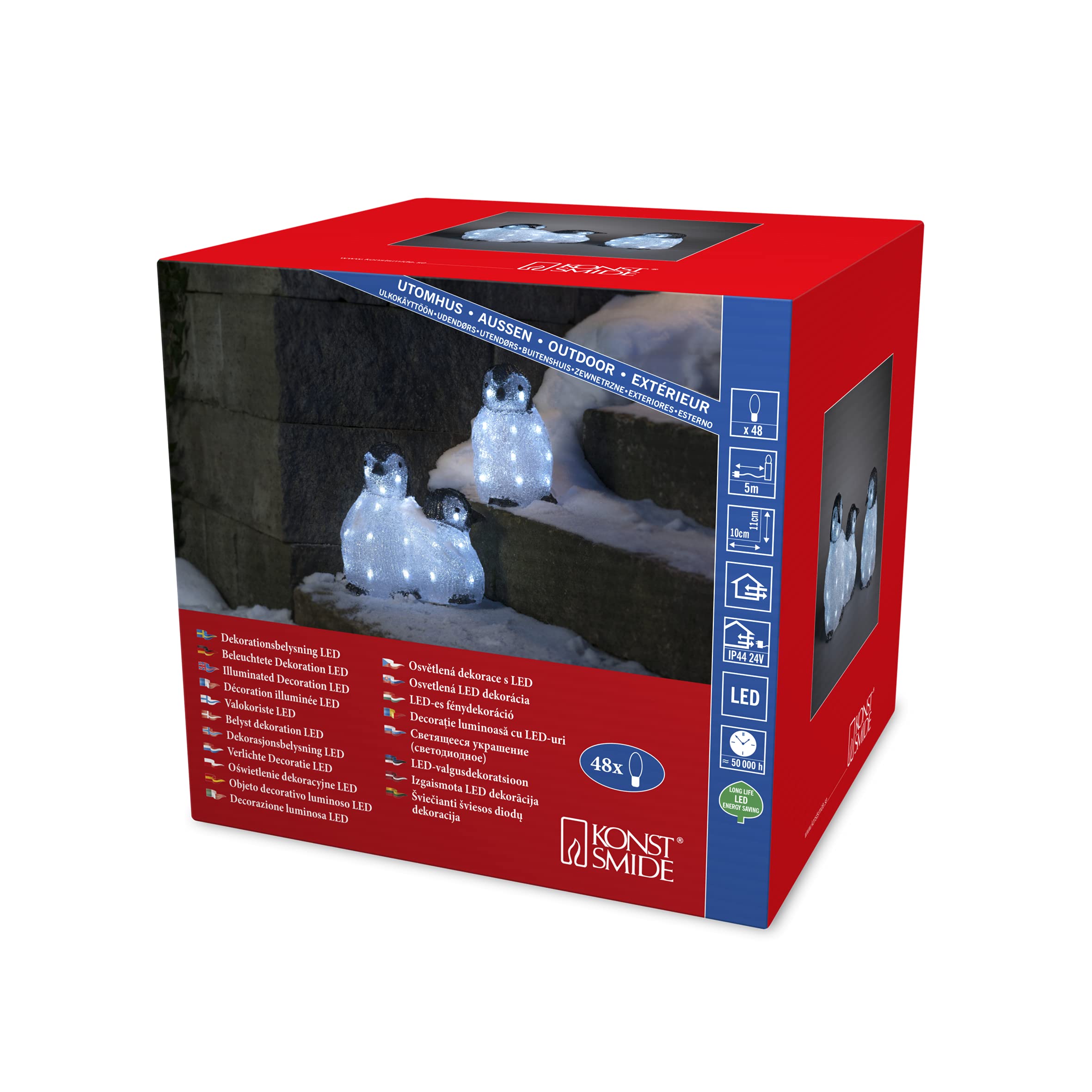 Konstsmide Outdoor Christmas Decorations/Outside Lights LED Acrylic Decoration "Three Baby Penguins" / Outdoor Lighting (IP44) / 48 Ice White LEDs/Transparent Cable