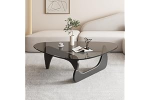 PRITIY Triangle Coffee Table in Walnut Mid Century Modern Solid Wood Base and Triangle Clear Glass Coffee Table for Living Room Low Minimalist Tea TableCoffee Tables (36 * 25.6 * 16, (36*25.6*16, Black Gray)
