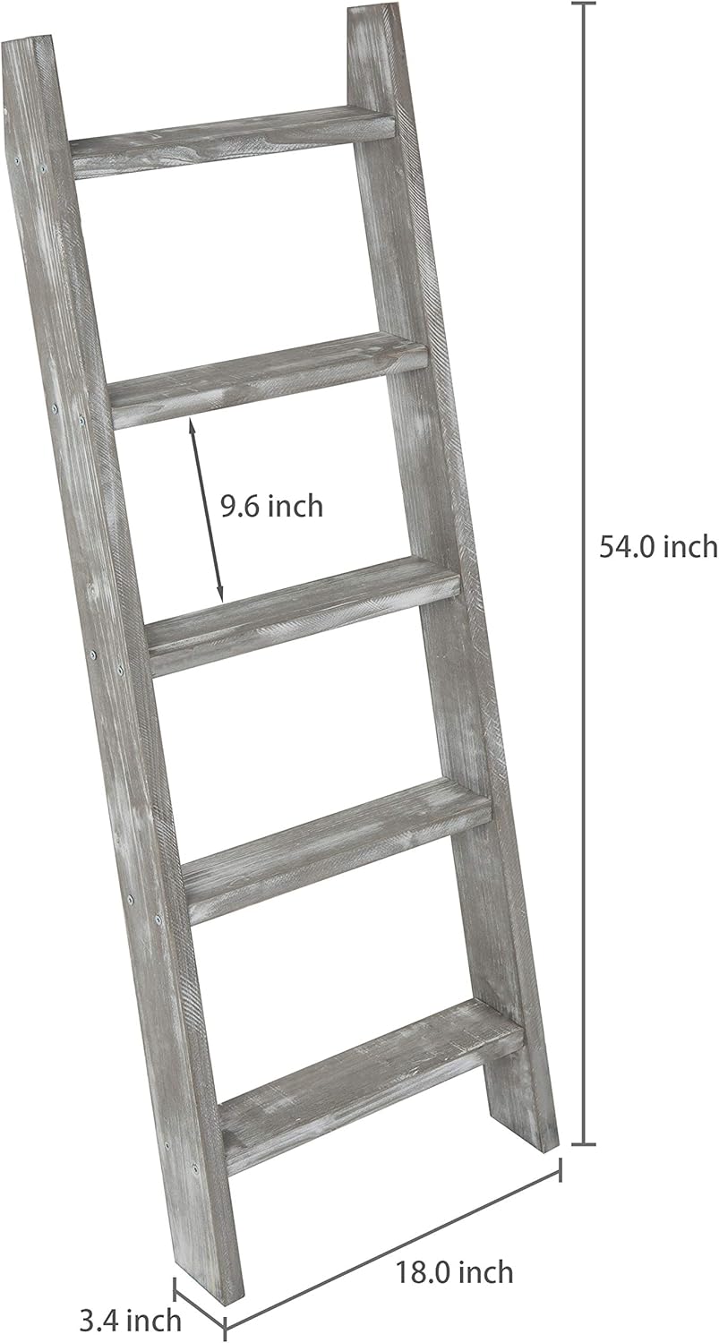 MyGift Wall-Leaning Rustic Gray with White Finish Wood Ladder-Style Blanket Rack: Home & Kitchen