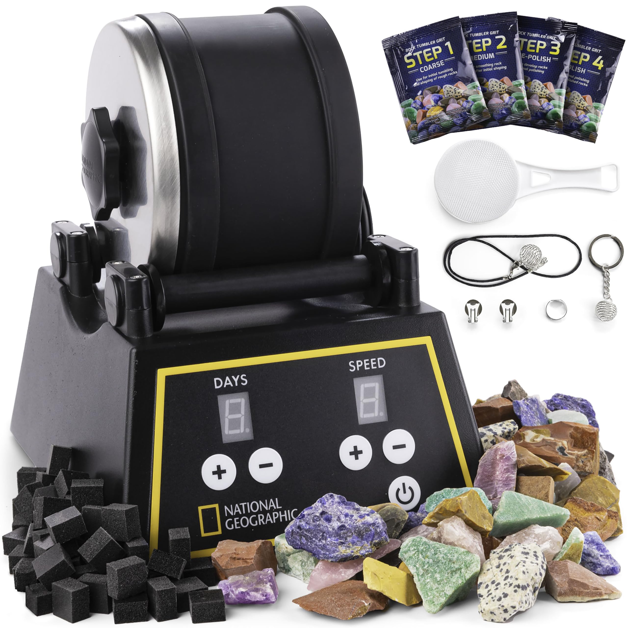 National Geographic Professional Rock Tumbler Kit- Stone Polisher for Kids and Adults, Complete Kit with Durable Tumbler, Rocks, Grit, and GemFoam Polisher, A Great STEM Hobby