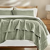 EVERGRACEHOME Cotton Coverlet Set Full Queen Size 3 Pieces, Lightweight Soft Ribbed Matelassé Bedspread Quilt Set, Oversized Quilted Bedding Set with 2 Pillow Shams for All Seasons, Light Sage Green