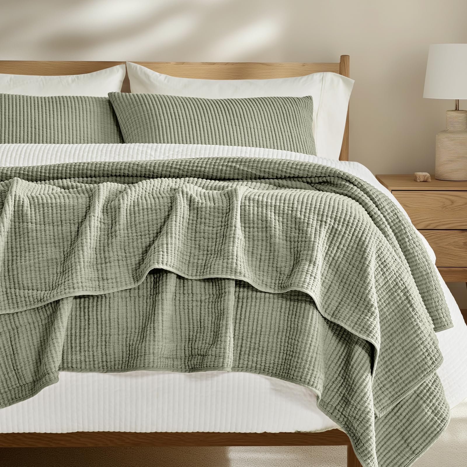 Photo 1 of EVERGRACEHOME Cotton Coverlet Set King Size 3 Pieces, Lightweight Soft Ribbed Matelassé Bedspread Quilt Set, Cozy Oversized Quilted Bedding Set with 2 Pillow Shams for All Seasons, Light Sage Green