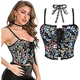 Vintage Black Floral Corset Tops for Women Going-Out Lace-Edge Push-Up Overbust Bustier Lace-up Boned Bodyshaper
