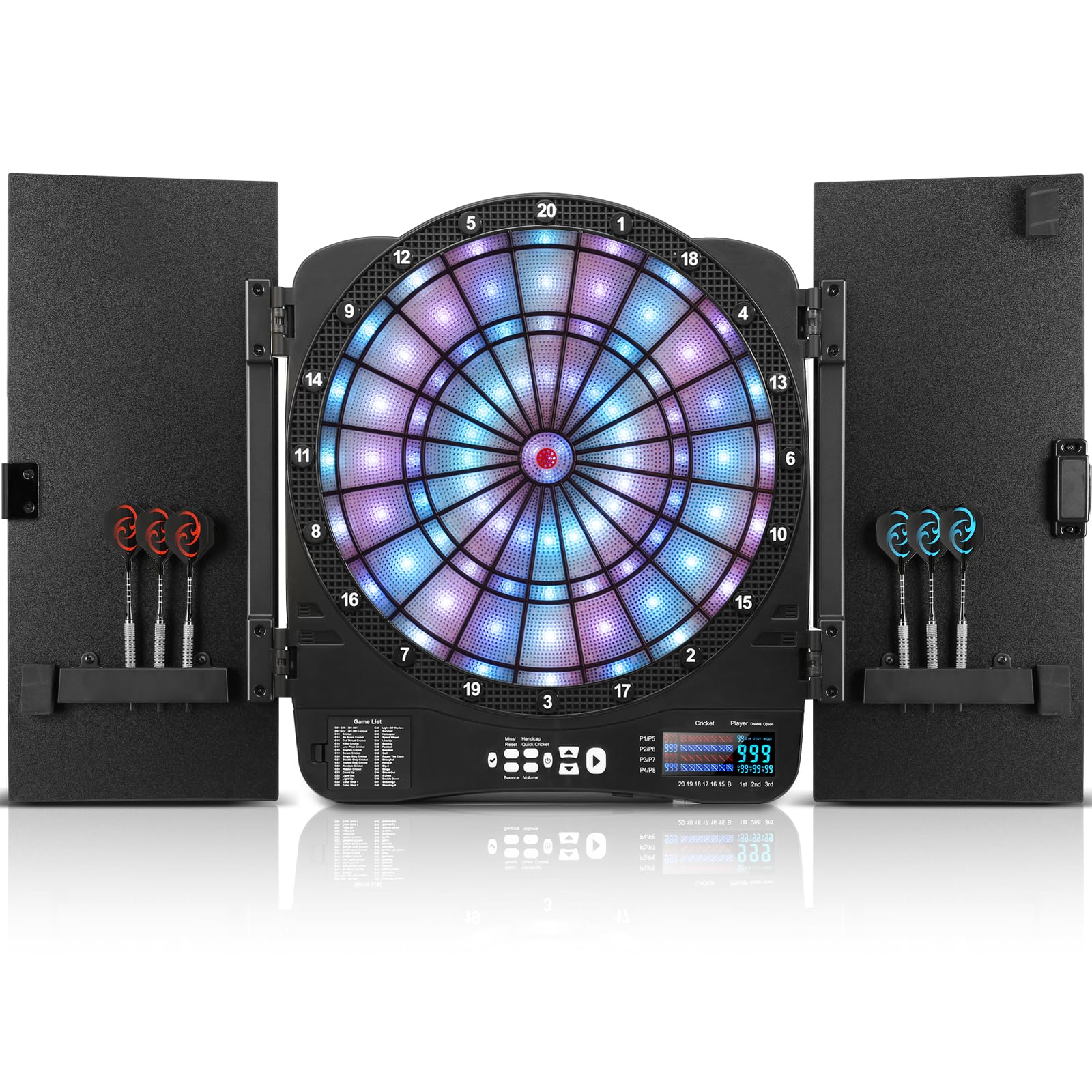 Photo 1 of Electronic Dart Board Cabinet Set, Illuminated Target Dartboard for Adults Kids, 48 Games with 315 Variations Soft Tip Digital Dartboard Cabinets with 6 Darts, 100PCS Soft Tips, Wood Doors