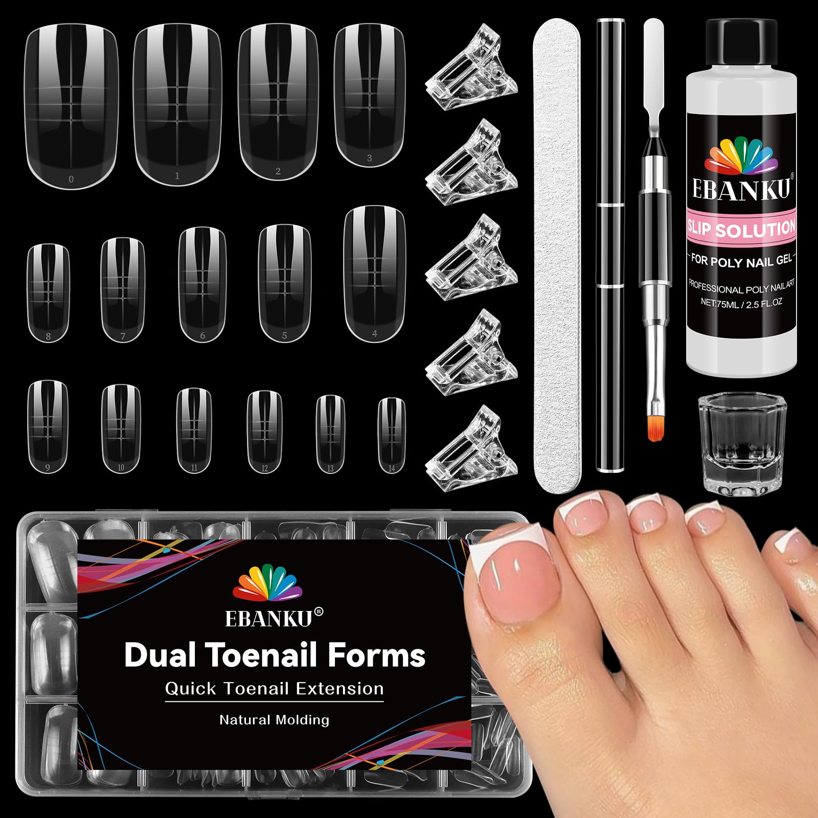 Photo 1 of EBANKU Poly Gel Nail Forms Kit for Toes - 150PCS Reusable Dual Toenail Forms for Builder Gel, Toe Nail Kit with 2.5oz Slip Solution, Brush, File, 5PCS Clips - 15 Sizes