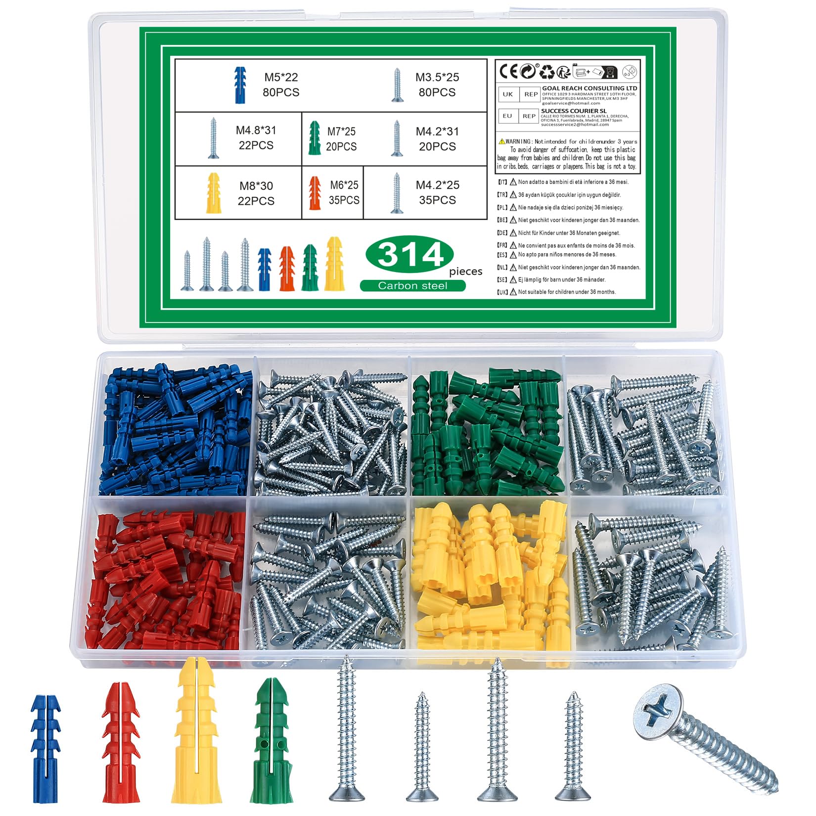 314 Pcs Plaster Board Screws and Wall Plugs Set, Raw Plugs and Screws Set, Masonry screws and Expansion Pipe Bolts, Plasterboard Wall plugs for Brick wall Concrete Drywall