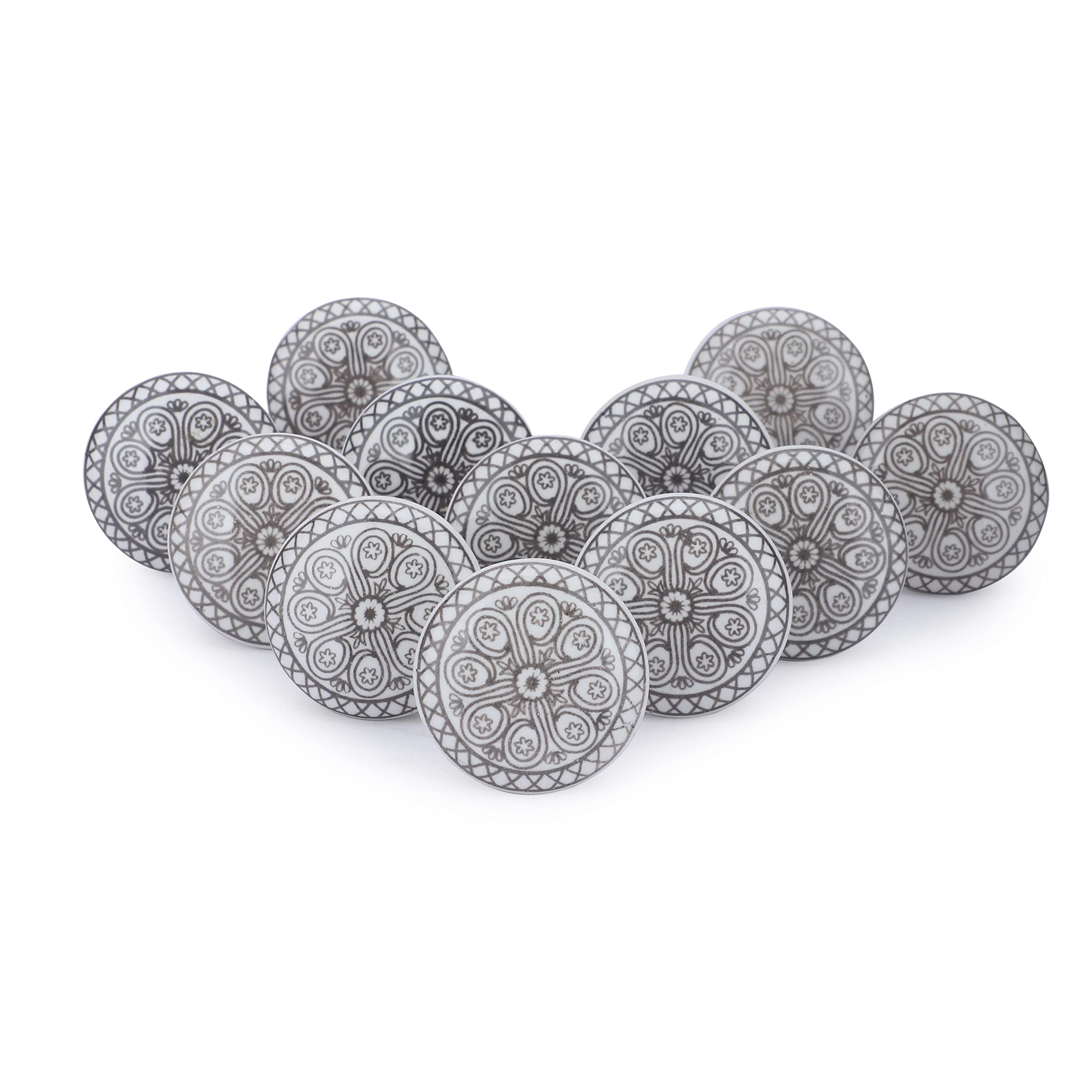 Ajuny Ceramic Knobs Printed Cupboard Door Drawer and Furniture Vintage Pulls for Kitchen Cabinets Bathroom Dresser Drawers Home and Office Pottery Decorative Knobs Set of 12, White Grey
