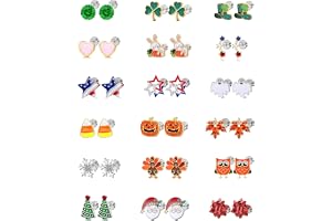 18 Pairs Hypoallergenic Flat Back Holiday Earrings Set for Girls Women | Valentine's Day St Patricks Day Easter 4th of July Stud Halloween Christmas Fall Thanksgiving Screw Back Earrings Jewelry