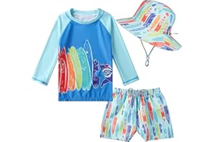 CuteCotton Toddlers Baby Boys' 3-Piece Rashguard Sets Bathing Suit Swimsuits with Hat Surfing Swimwear UPF 50+
