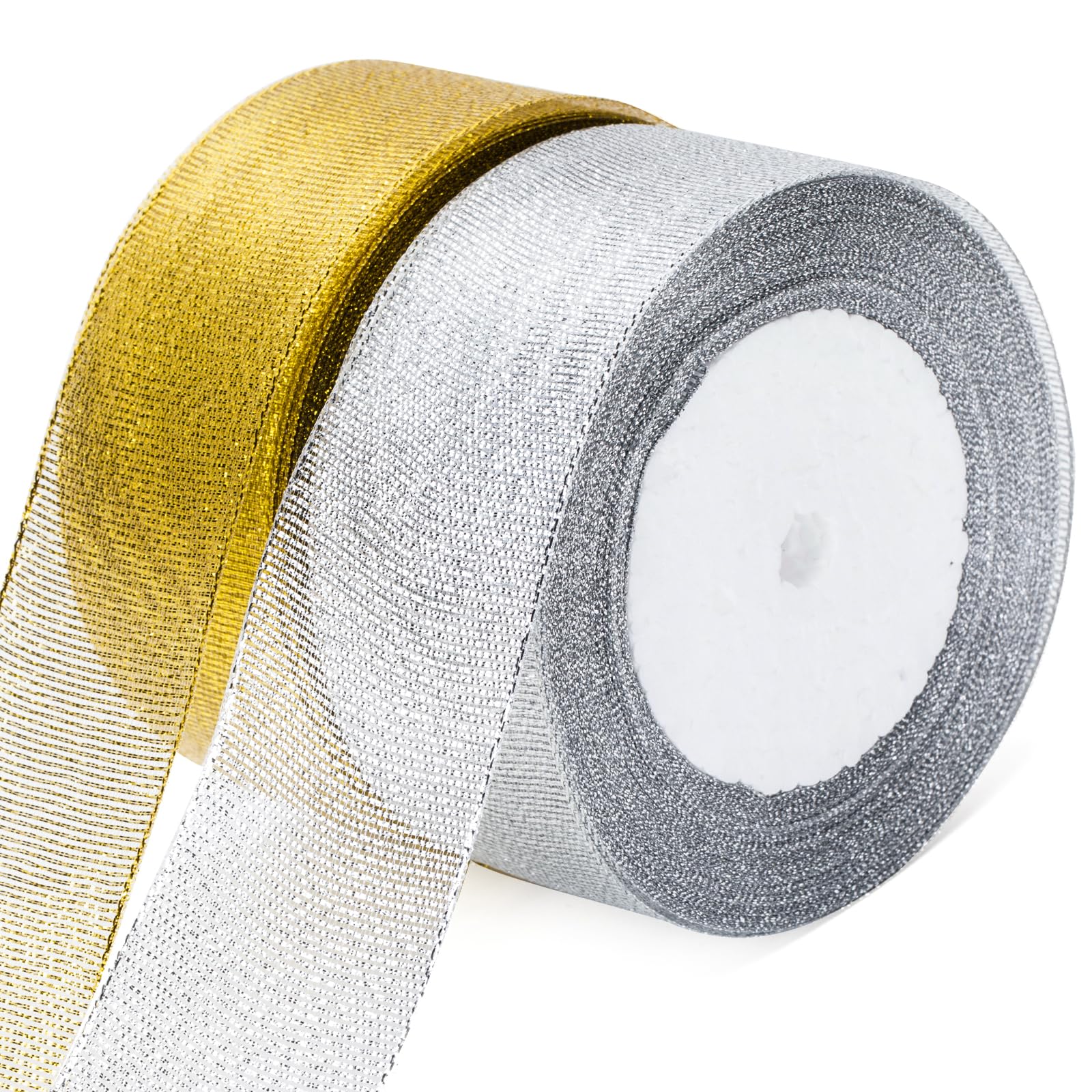 G2PLUS Gold and Silver Organza Gift Wrapping Ribbon, 40mm Sparkly Decorative Christmas Ribbon for Presents Wrapping, Christmas Crafting, 2 Roll x 22M