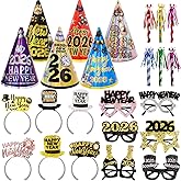 ceiba tree Happy New Years Eve Party Supplies 2026 NYE New Year Eve Party Favors Accessories 6 Paper Hats 6 Paper Headbands 6 Felt Plastic Frame Glasses 6 Noisemakers