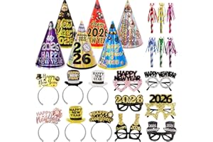 ceiba tree Happy New Years Eve Party Supplies 2026 NYE New Year Eve Party Favors Accessories 6 Paper Hats 6 Paper Headbands 6 Felt Plastic Frame Glasses 6 Noisemakers