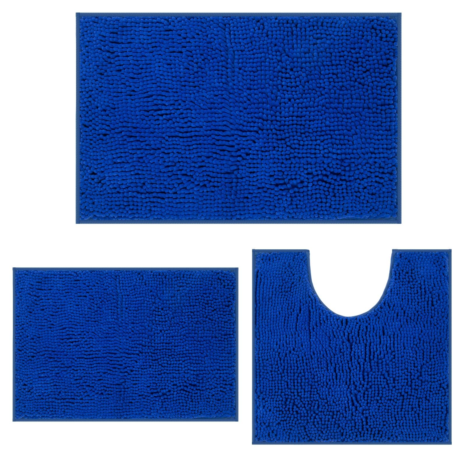 MEGAROOM Non Slip Chenille Bath Mat Set - Bathroom Mat Set with U-Shaped Toilet Mat - Soft and Anti Mould Bath Mat 3 Pieces for Safety and Comfort, Water Absorbent and Quick Drying（Royal Blue）