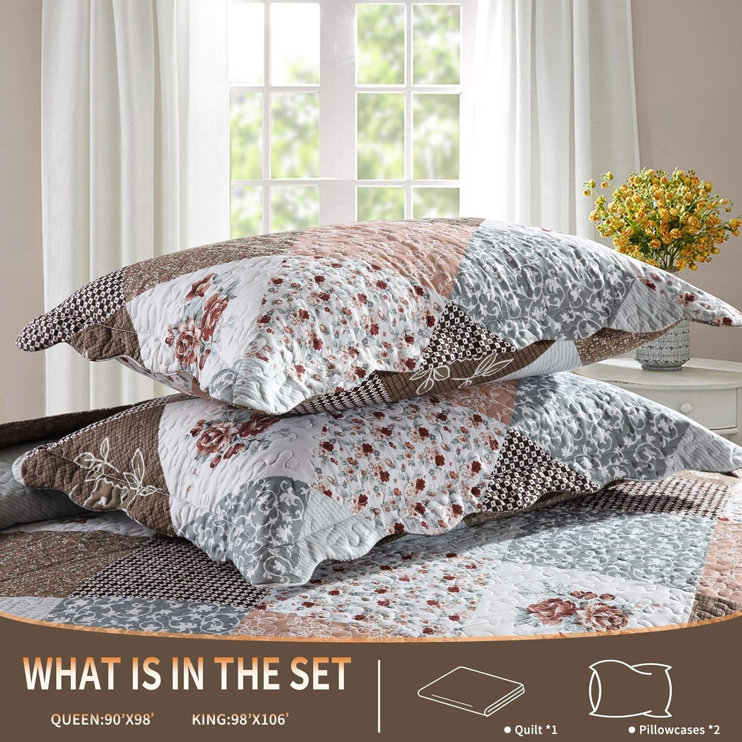 Y-PLWOMEN Patchwork Plaid Farmhouse Quilt Sets - Reversible Soft Modern Chic Floral Lightweight Bedspreads/Coverlet Bedding King Size 3 Piece: Kitchen & Dining