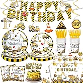 Construction Birthday Party Supplies Construction Party Decorations Includes Plates Napkins Cups Hanging Swirl Banner Tablecloth and Cake Toppers For Construction Theme Birthday Decorations