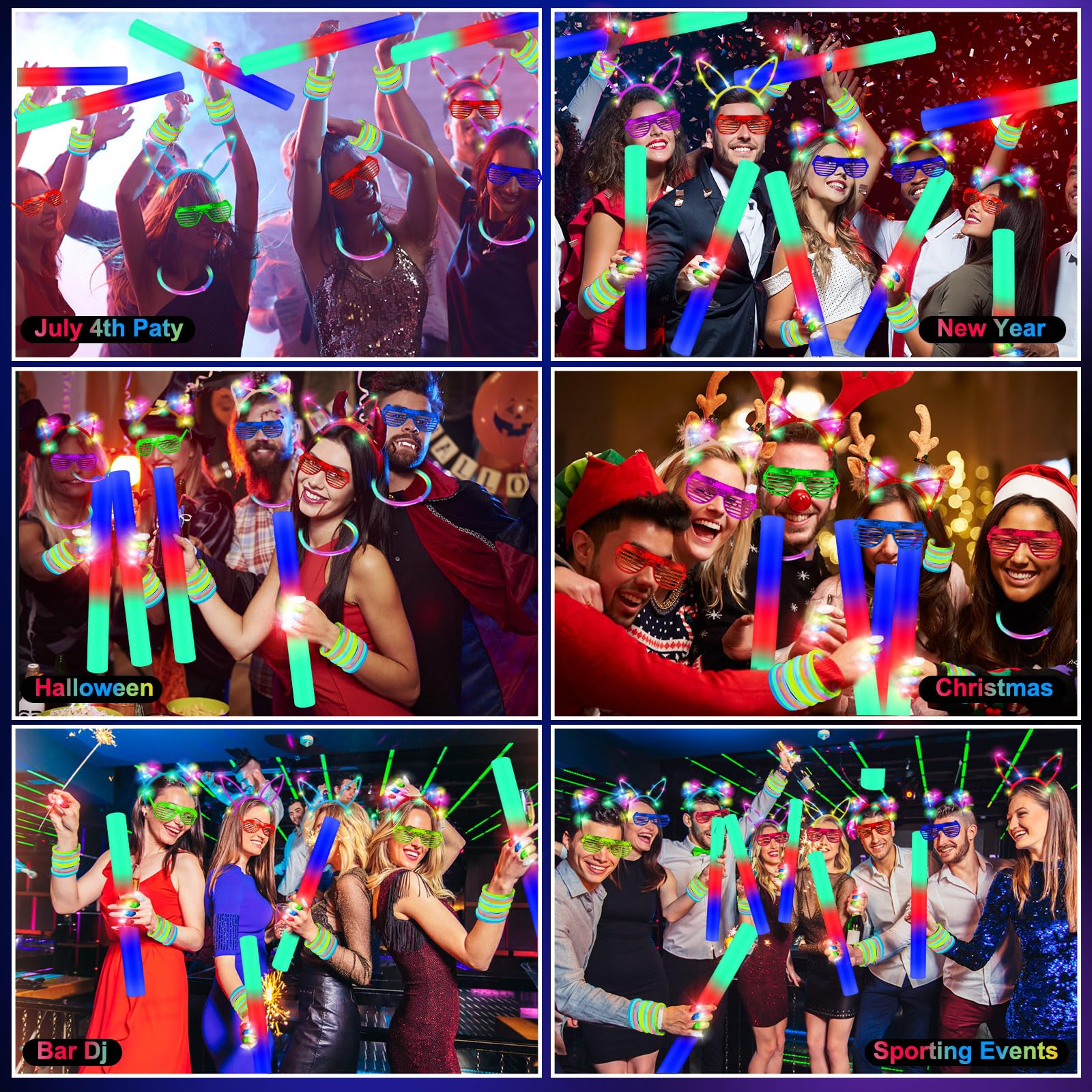 OLUPP 282 PCS Glow in the Dark Party Supplies, 18 Foam Sticks, 18 LED Glasses, 200 Glow Sticks, 30 Finger Lights, 8 Bunny Ear Headband and 8 LED Cat Ear Headband for Wedding,Birthday,Concert,New Year