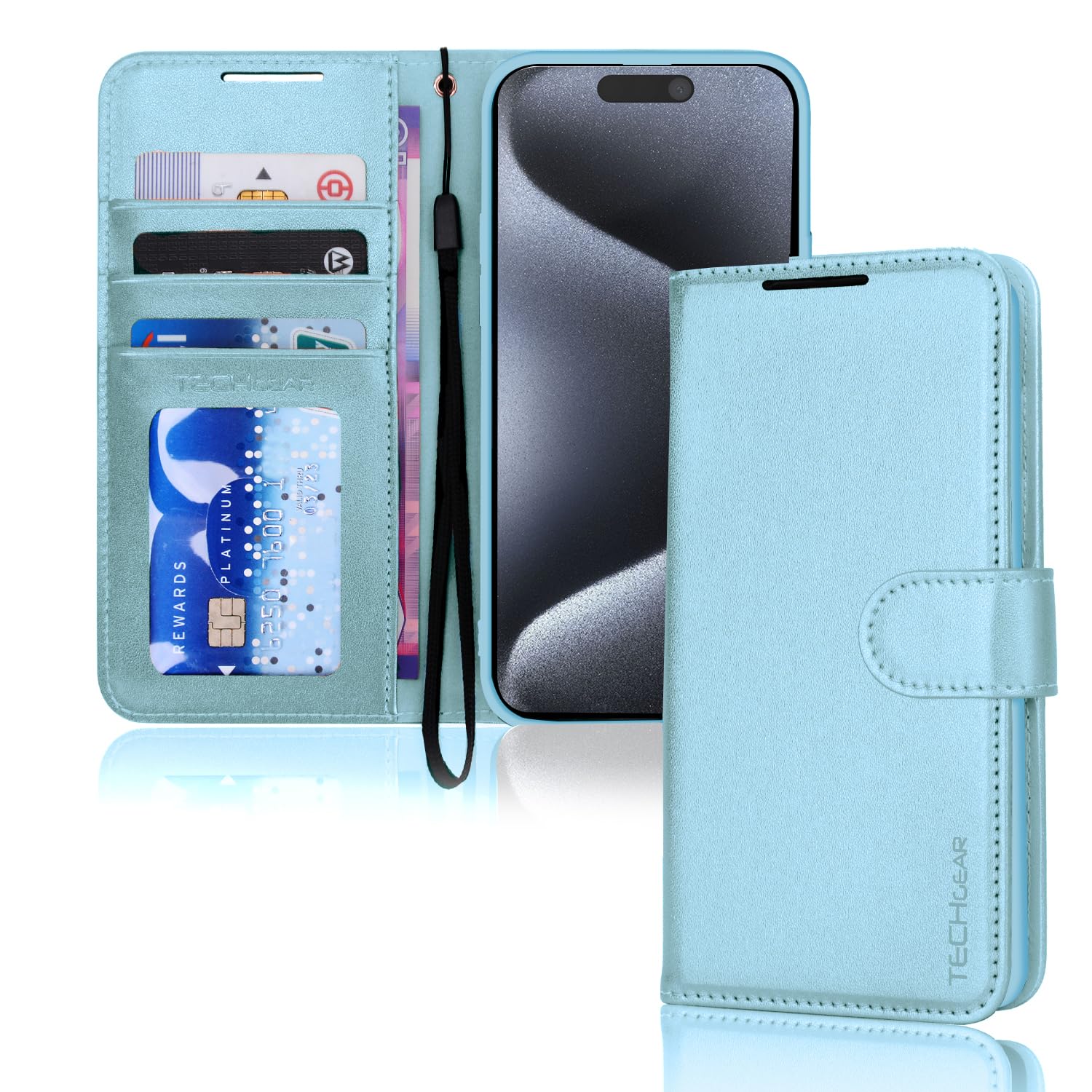 TECHGEAR iPhone 15 Pro Max Leather Wallet Case, Flip Protective Case Cover with Wallet Card Holder, Stand & Wrist Strap, Light Blue PU Leather with Magnetic Closure Designed for iPhone 15 Pro Max 6.7"