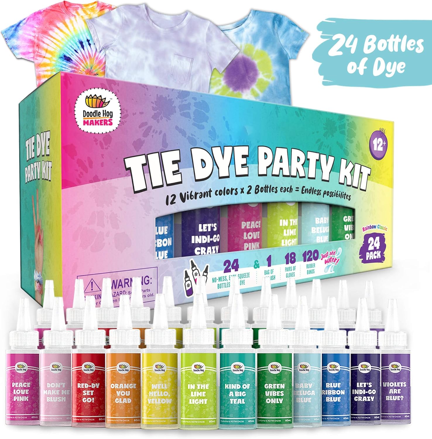 Doodlehog Easy Tie Dye Party Kit for Kids, Adults, and Groups. Create Vibrant Designs with Non-Toxic Dye. 12 Colors Included! Beginner-Friendly: Just Add Water! Dye up to 10 Medium Kids T-Shirts!: Arts, Crafts & Sewing