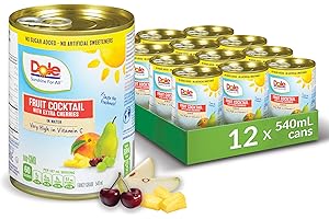 Dole Canned Fruit, Fruit Cocktail with Cherries in Water, Non-GMO, No Sugar Added, & No Artificial Sweeteners, 540 ml, 12 Count