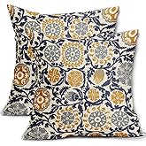 Aytipun Navy Blue Yellow Grey Pillow Covers 18x18 Set of 2 Boho Carpet Pattern Decorative Throw Pillows Outdoor Pillowcase Vintage Floral Farmhouse Square Linen Cushion Case Decor for Sofa Couch Bed