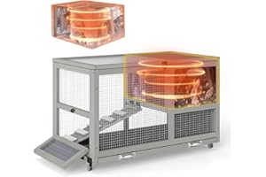 COZIWOW 36.5-Inch Double-Decker Wooden Insulated Rabbit Hutch with Wheels, Heated Rabbit Cage Featuring A Cleaning Tray and Ladder—Stylish&Easy to Assemble（Grey and Warm）