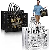 PerKoop 4 Pcs Extra Large Happy Birthday Gift Bags 20 x 16 Inch Jumbo White Black and Gold Gift Reusable Non Woven Birthday Party for Men Women Party Supplies