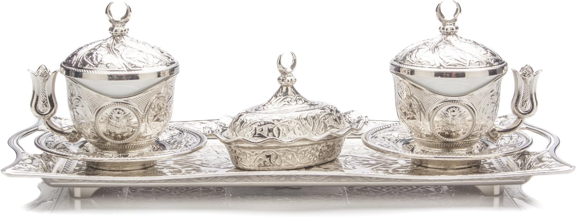 Tiryaki UNIQUE Oriental 11 Piece Espresso Turkish Coffee SET for 2 (2 Porcelain cups,2 copper cup holders,2 lids,2 saucers,1 tray,1 sugar cup and lid)