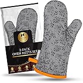 Premium Heat-Resistant Oven Mitts - Stylish and Beautiful - Non-Slip Platinum Silicone Grip - Long and Thick - 100% Natural C