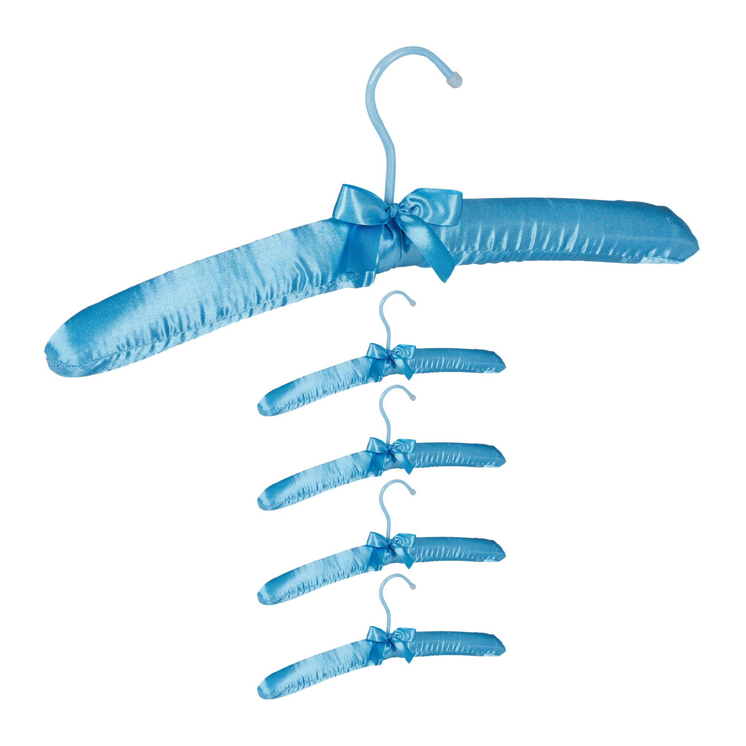 Relaxdays Satin Clothes Hanger Set of 5, Soft Padding, 360° Swivel Hooks, Decorative Bow, 38 cm Wide, Light Blue, Wood, Pack of 5