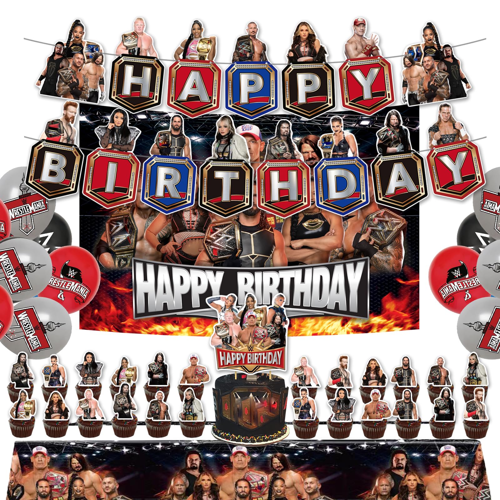 Photo 1 of 44Pcs Wrestling Party Decorations, Wrestling Birthday Party Supplies, Includes Balloon, Happy Birthday Banner, Cake Topper, Background Tablecloth, For Birthday Party Decor