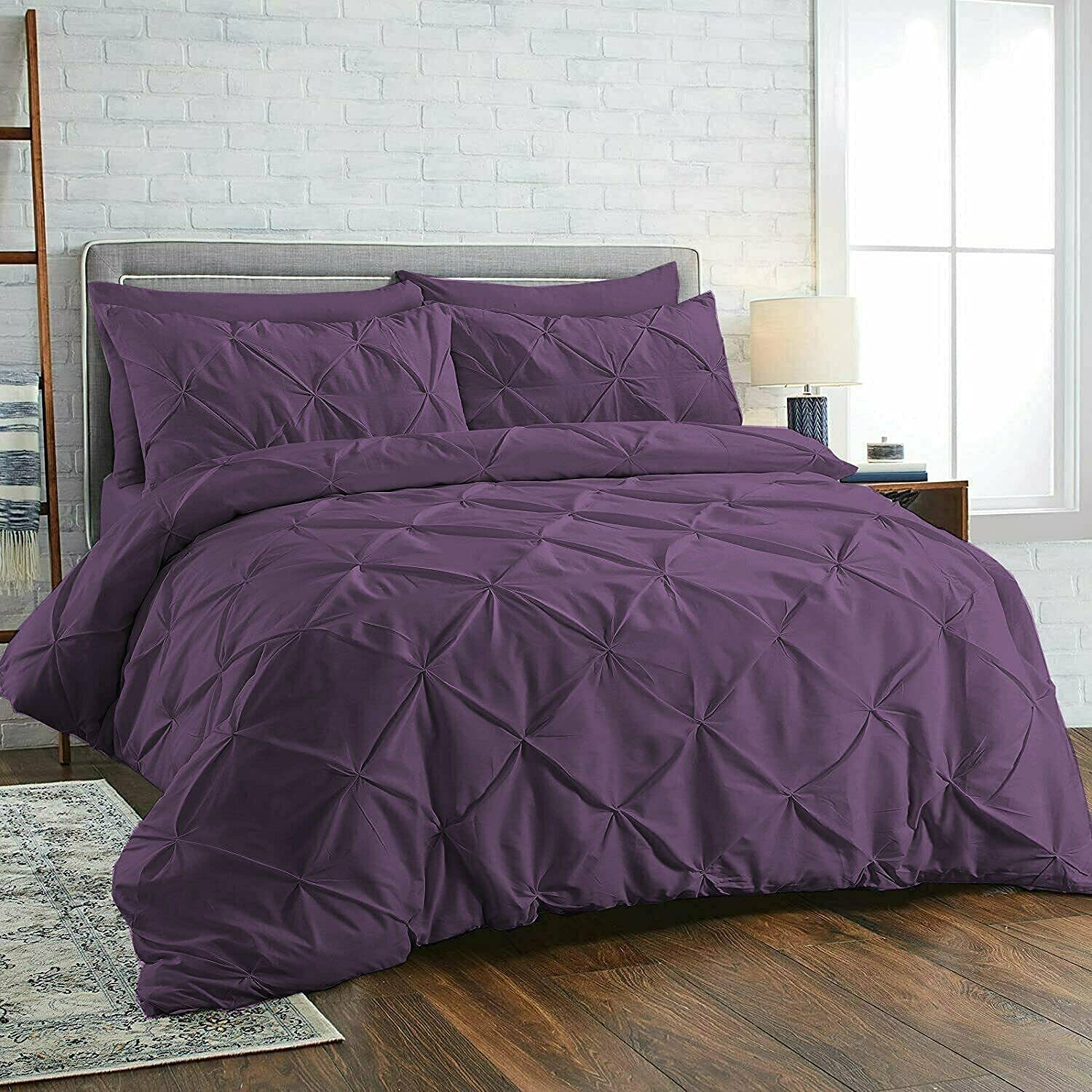 SeventhStitch Pinch Diamond Pleated Pintuck Duvet Cover Set 100% Cotton Quilt Covers Bedding Bed Sets Single Double Super King with Pillow Cases (Plum, Super King)