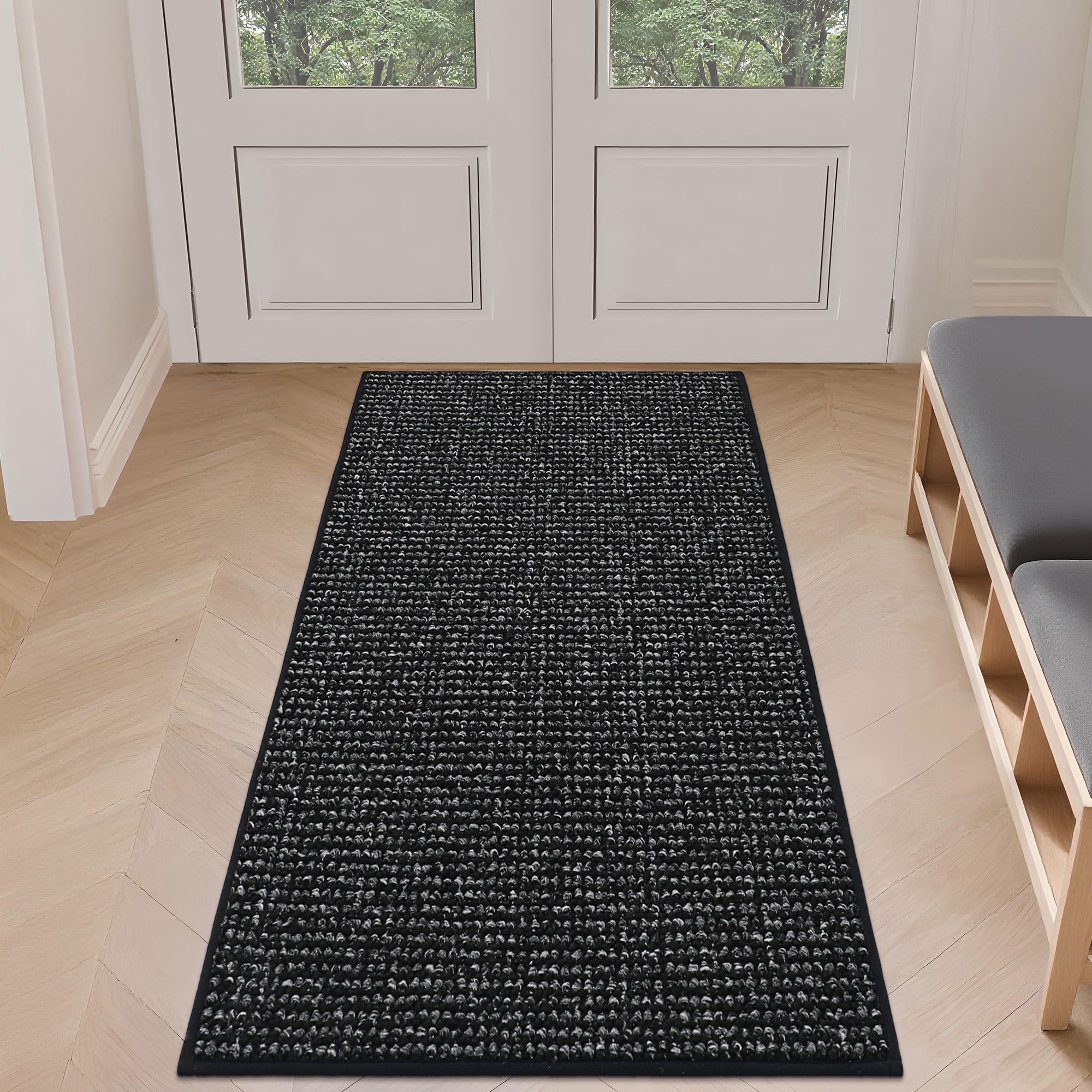 BEQHAUSE Dirt Trapper Door Mat 24" x 60", Non-Slip Washable Doormats Entrance Mat, Dirt Resistant and Absorbent Welcome Mat, Low Profile Floor Mats for Front Back Door and Entryway, Black Image