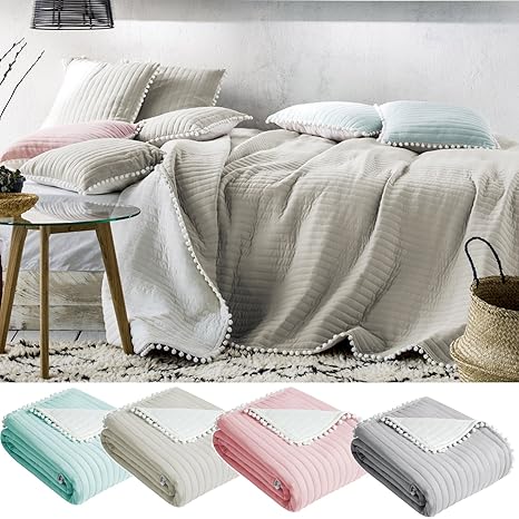 JEMIDI Tagesdecke Bett & Sofaüberwurf Bommel 220cm x 240cm Bettüberwurf Sofa Tages Decken Betthusse XXL Decke Bett Überwurf H