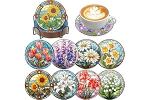 croshom 8 PCS Flowers Diamond Art Coasters Diamond Painting Coasters Kits with Holder Flowers DIY Coaster for Adults Beginners, Diamonds Art Crafts Supplies Sunflowers