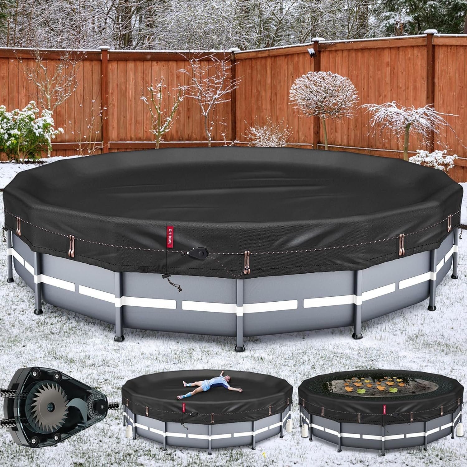 Photo 1 of QH.HOME Winter Round Pool Cover for 15 Ft Bestway/Intex/Coleman Frame Above Ground Pool, [Excellent Windproof ] with Fast Tightening Patented Ratchet& Weight-Bearing Rings,Cold and UV Resistant