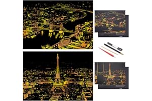 BOTEEN Scratch Golden Painting Paper,Scratch Painting Creative Gift,Scratch&Sketch Art for Kids&Adults,with 4 Tools,16''x11''(Paris,London)